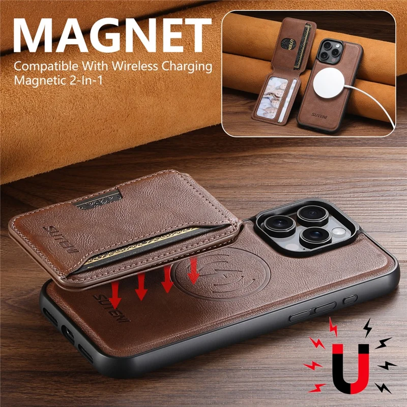 SUTENI M3 For iPhone 15 Pro Max Magnetic Case Cowhide Texture Leather Back Cover with Card Bag Kickstand - Brown