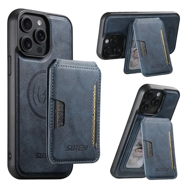 SUTENI M3 For iPhone 14 Pro Max Magnetic Case Cowhide Texture Leather Back Cover with Card Bag Kickstand - Blue