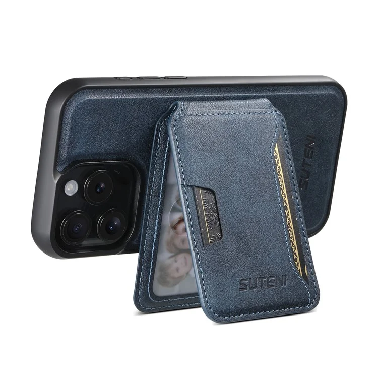 SUTENI M3 For iPhone 14 Pro Max Magnetic Case Cowhide Texture Leather Back Cover with Card Bag Kickstand - Blue