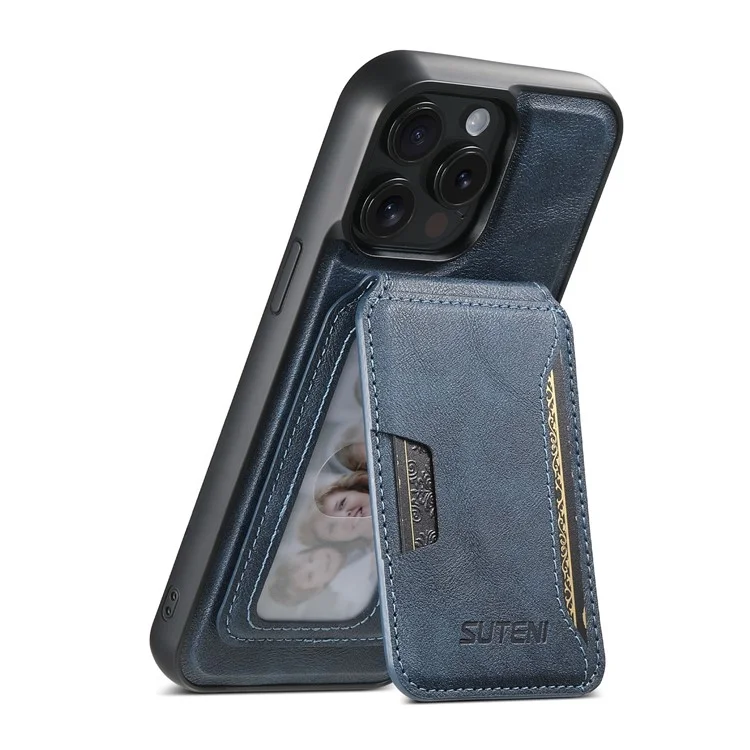 SUTENI M3 For iPhone 14 Pro Max Magnetic Case Cowhide Texture Leather Back Cover with Card Bag Kickstand - Blue
