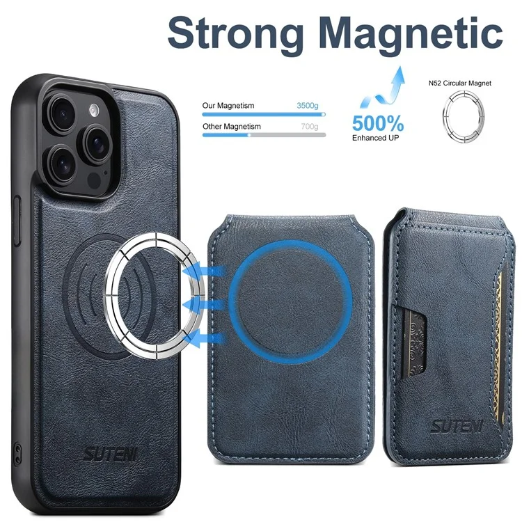 SUTENI M3 For iPhone 14 Pro Max Magnetic Case Cowhide Texture Leather Back Cover with Card Bag Kickstand - Blue