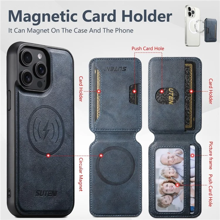 SUTENI M3 For iPhone 14 Pro Max Magnetic Case Cowhide Texture Leather Back Cover with Card Bag Kickstand - Blue