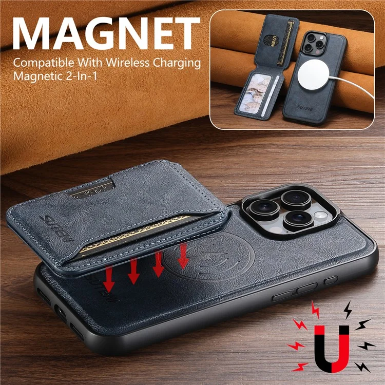 SUTENI M3 For iPhone 14 Pro Max Magnetic Case Cowhide Texture Leather Back Cover with Card Bag Kickstand - Blue