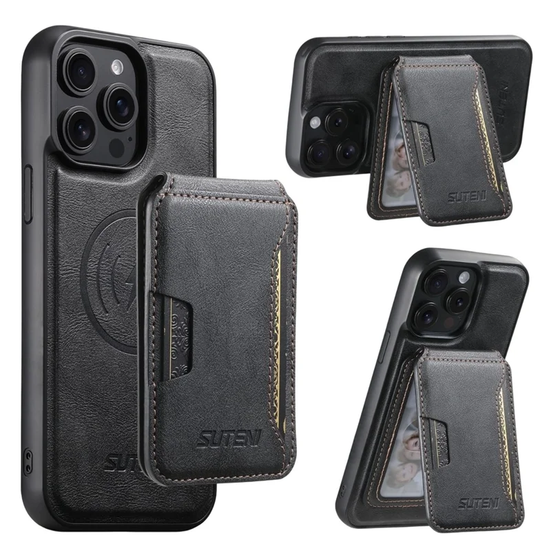 SUTENI M3 For iPhone 13 Pro Magnetic Case Cowhide Texture Leather Back Cover with Card Bag Kickstand - Black