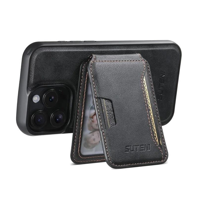 SUTENI M3 For iPhone 13 Pro Magnetic Case Cowhide Texture Leather Back Cover with Card Bag Kickstand - Black