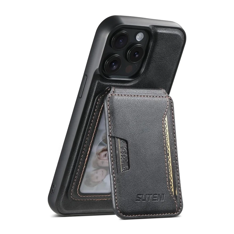 SUTENI M3 For iPhone 13 Pro Magnetic Case Cowhide Texture Leather Back Cover with Card Bag Kickstand - Black