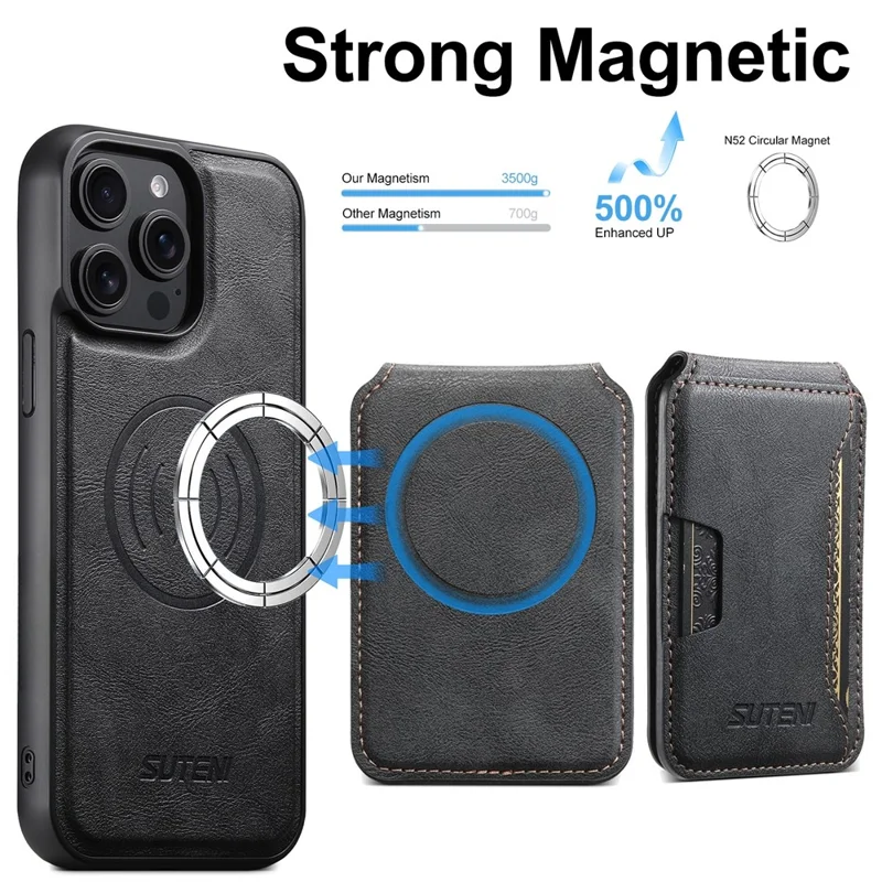 SUTENI M3 For iPhone 13 Pro Magnetic Case Cowhide Texture Leather Back Cover with Card Bag Kickstand - Black