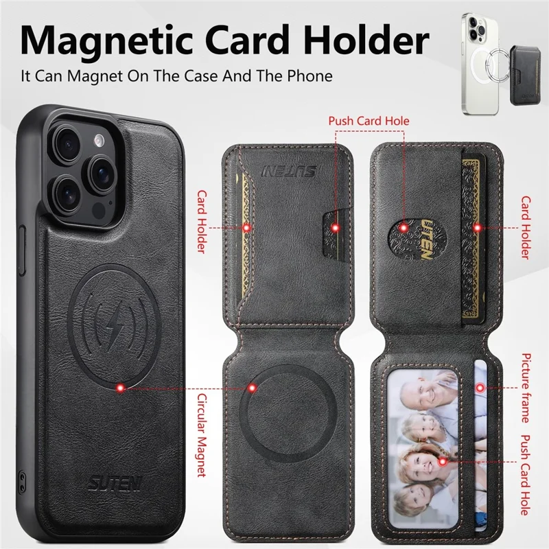 SUTENI M3 For iPhone 13 Pro Magnetic Case Cowhide Texture Leather Back Cover with Card Bag Kickstand - Black