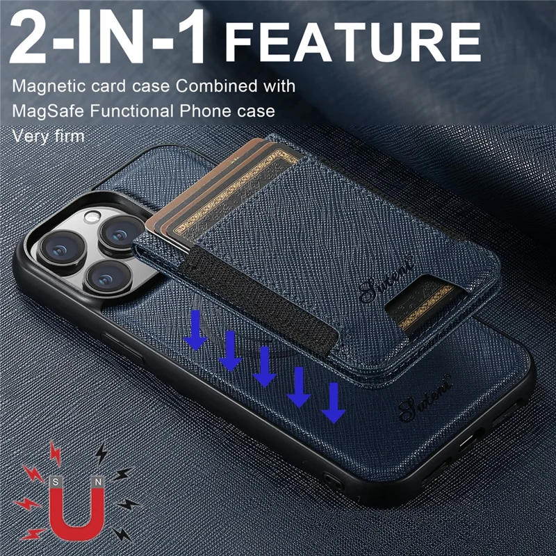 SUTENI H17 For iPhone 15 Pro Max Magnetic Case Cross Texture Leather Phone Back Cover with Detachable Card Bag - Blue
