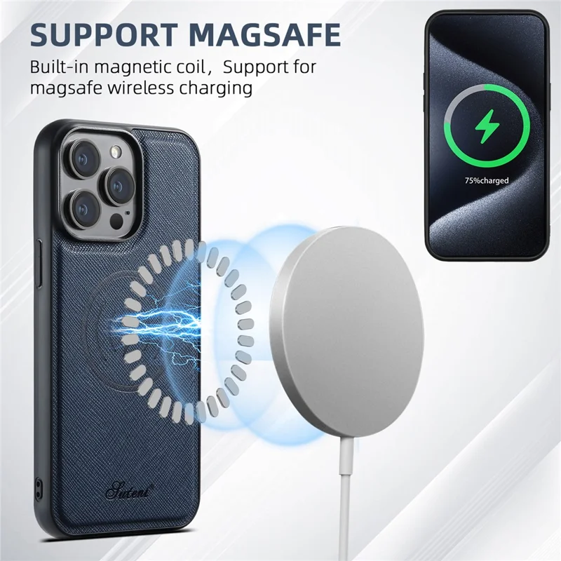 SUTENI H17 For iPhone 15 Pro Max Magnetic Case Cross Texture Leather Phone Back Cover with Detachable Card Bag - Blue