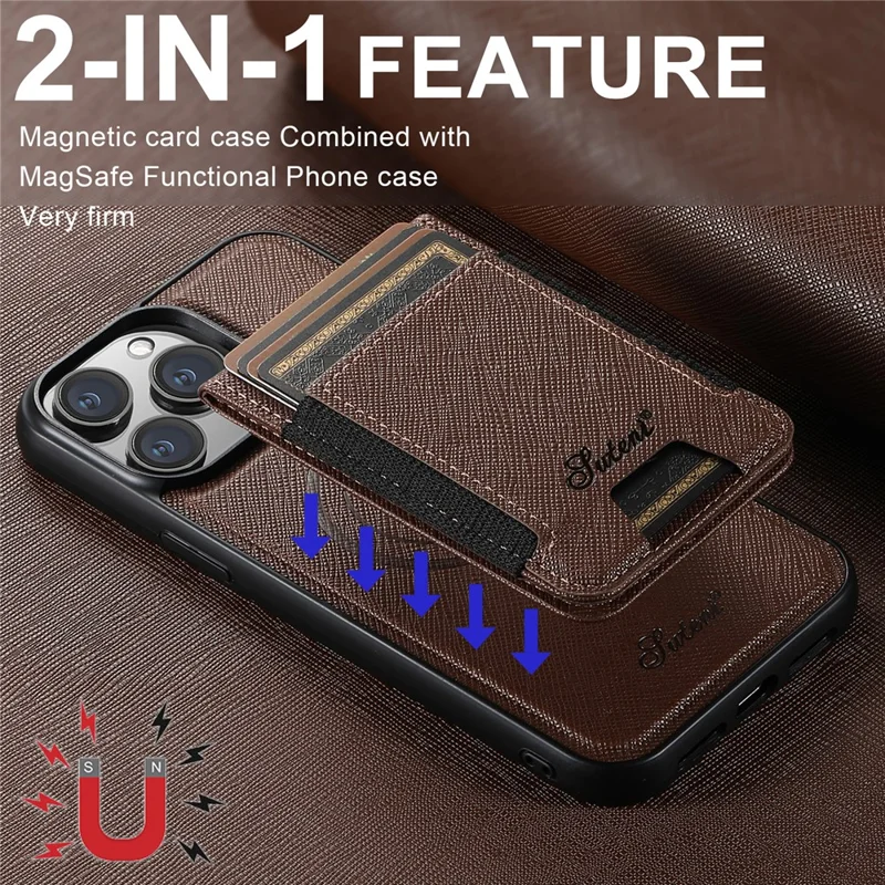 SUTENI H17 For iPhone 14 Pro Magnetic Case Cross Texture Leather Phone Back Cover with Detachable Card Bag - Brown