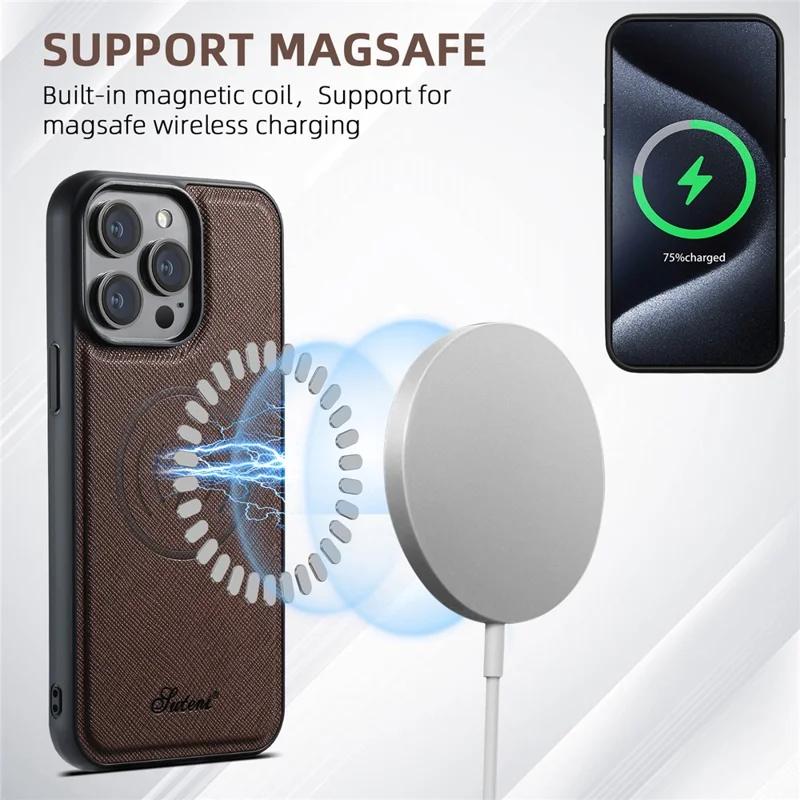 SUTENI H17 For iPhone 14 Pro Magnetic Case Cross Texture Leather Phone Back Cover with Detachable Card Bag - Brown