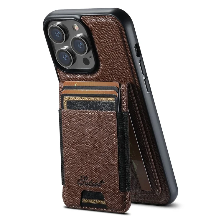 SUTENI H17 für iPhone 14 Pro Max Magnetische Hülle mit Kreuztextur aus Leder, Handyrückseite mit abnehmbarer Kartentasche - Braun