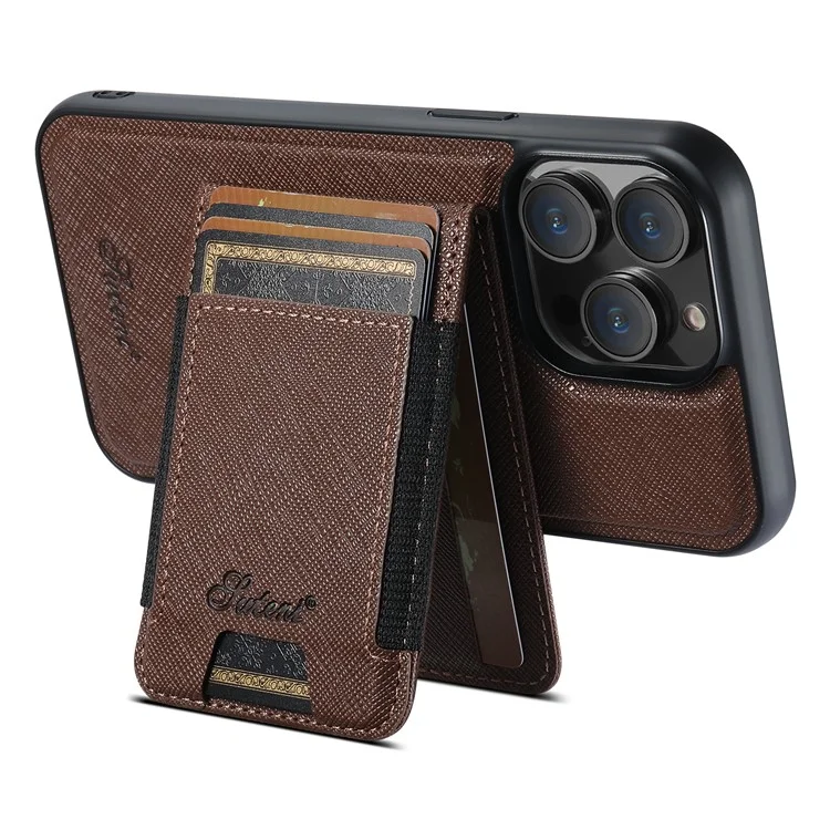 SUTENI H17 für iPhone 14 Pro Max Magnetische Hülle mit Kreuztextur aus Leder, Handyrückseite mit abnehmbarer Kartentasche - Braun