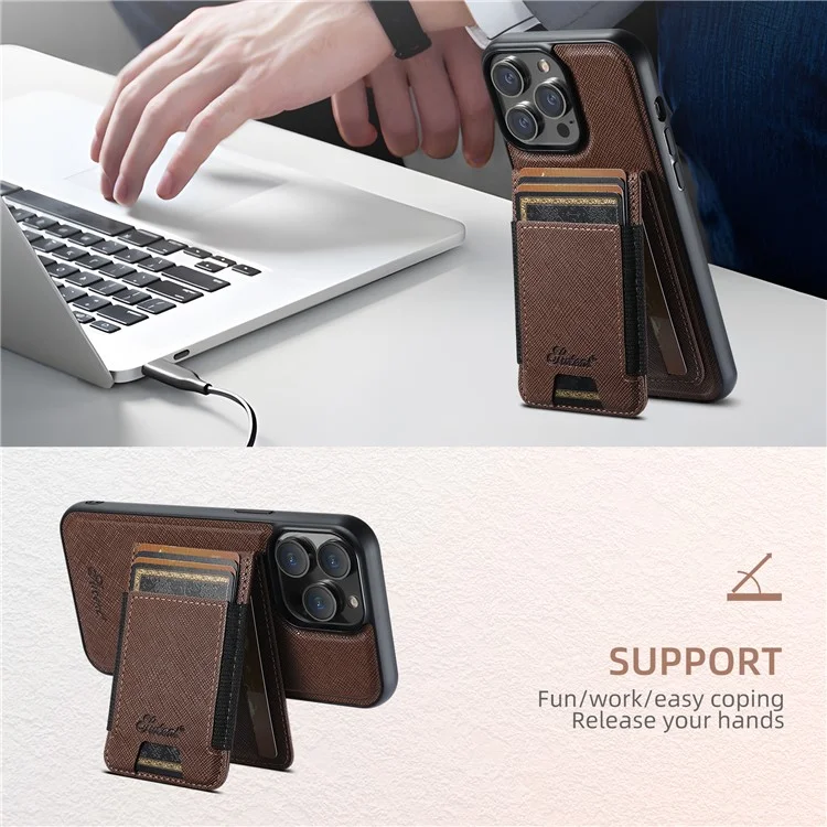 SUTENI H17 für iPhone 14 Pro Max Magnetische Hülle mit Kreuztextur aus Leder, Handyrückseite mit abnehmbarer Kartentasche - Braun
