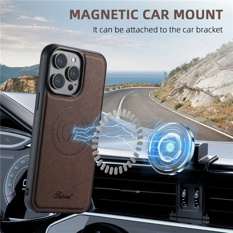 SUTENI H17 für iPhone 14 Pro Max Magnetische Hülle mit Kreuztextur aus Leder, Handyrückseite mit abnehmbarer Kartentasche - Braun