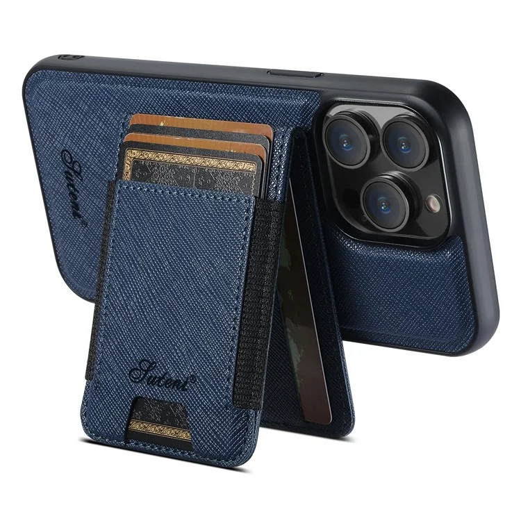 SUTENI H17 per iPhone 13 Pro Max Cover Magnetica con Texture a Croce in Pelle, Custodia Posteriore per Telefono con Porta Carte Staccabile - Blu