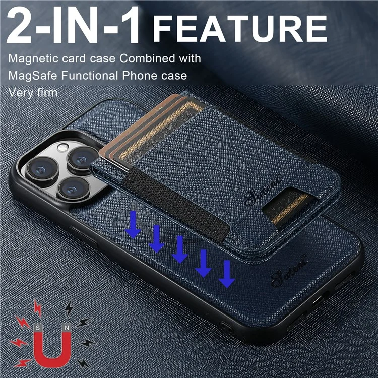 SUTENI H17 per iPhone 13 Pro Max Cover Magnetica con Texture a Croce in Pelle, Custodia Posteriore per Telefono con Porta Carte Staccabile - Blu