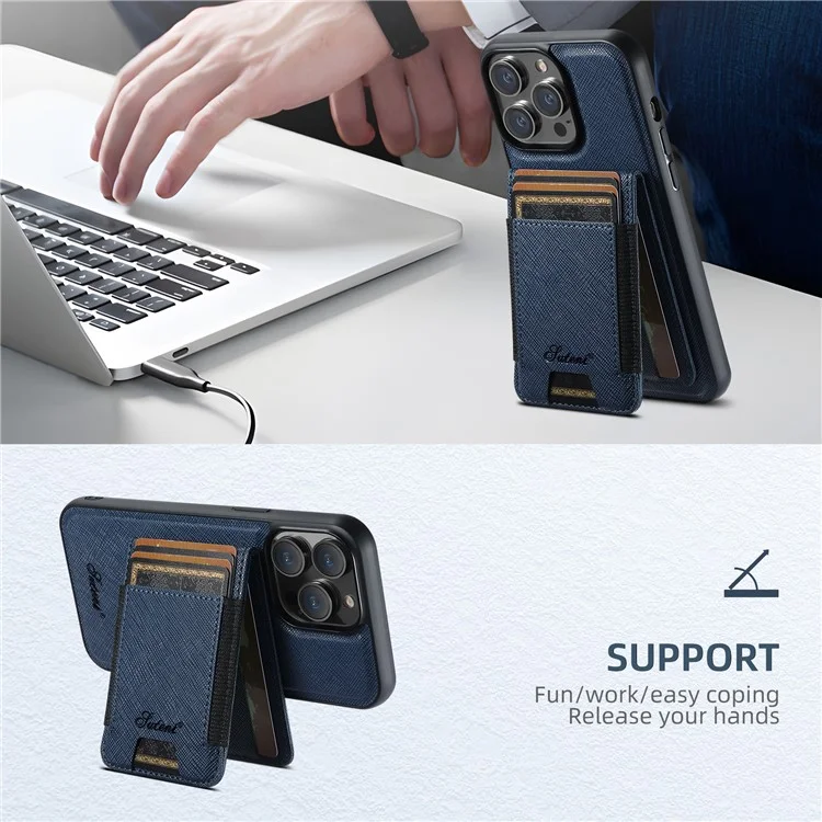 SUTENI H17 per iPhone 13 Pro Max Cover Magnetica con Texture a Croce in Pelle, Custodia Posteriore per Telefono con Porta Carte Staccabile - Blu