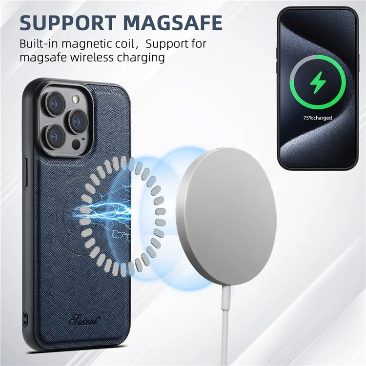 SUTENI H17 per iPhone 13 Pro Max Cover Magnetica con Texture a Croce in Pelle, Custodia Posteriore per Telefono con Porta Carte Staccabile - Blu