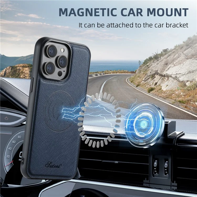 SUTENI H17 per iPhone 13 Pro Max Cover Magnetica con Texture a Croce in Pelle, Custodia Posteriore per Telefono con Porta Carte Staccabile - Blu