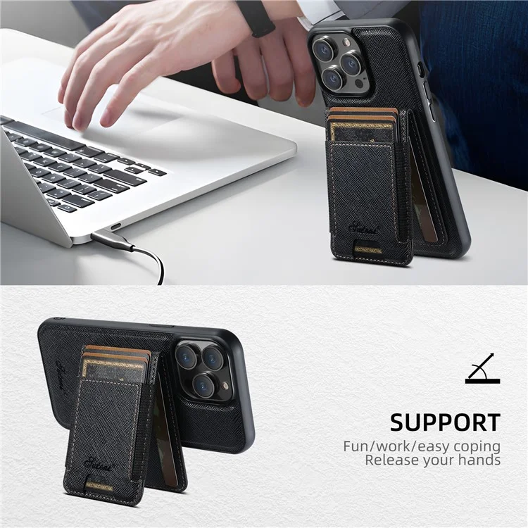 SUTENI H17 para iPhone 12 / 12 Pro Capa Magnética com Textura Cruzada em Couro, Porta-Cartões Removível - Preto