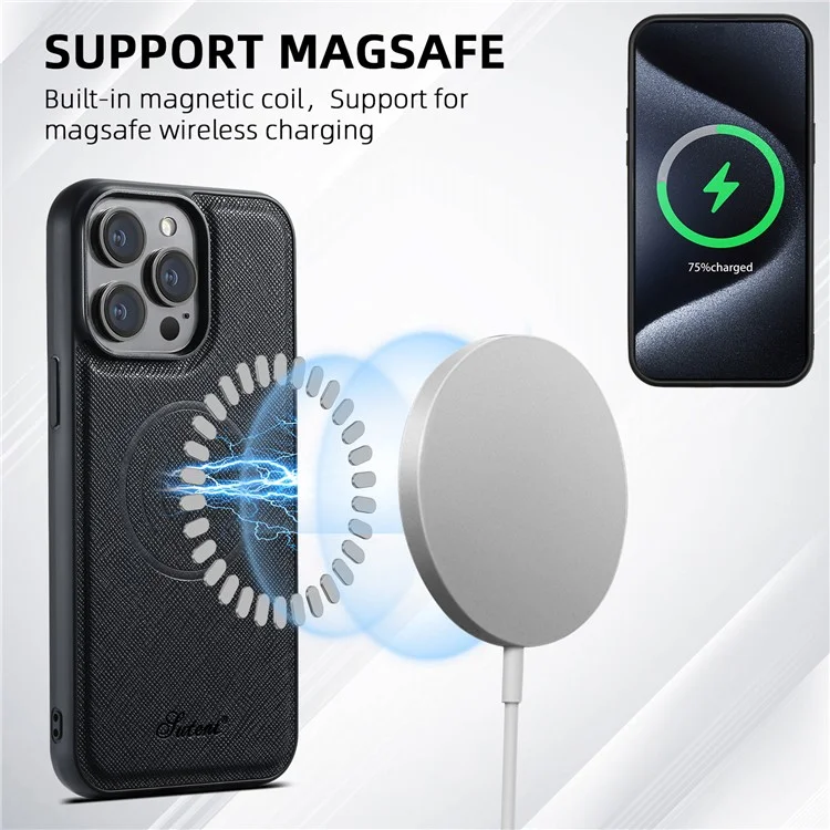 SUTENI H17 para iPhone 12 / 12 Pro Capa Magnética com Textura Cruzada em Couro, Porta-Cartões Removível - Preto