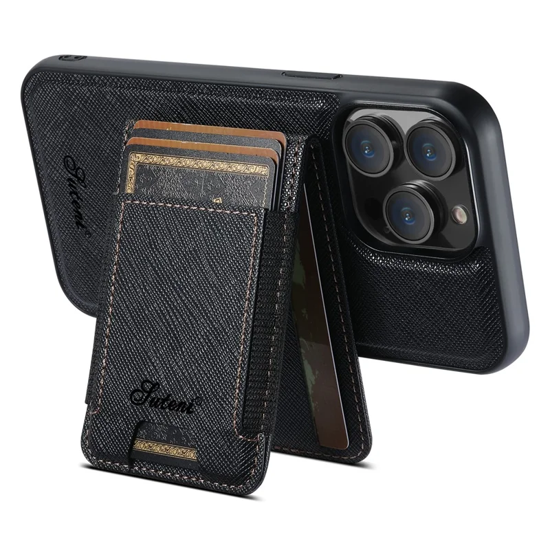 SUTENI H17 For iPhone 12 Pro Max Magnetic Case Cross Texture Leather Phone Back Cover with Detachable Card Bag - Black