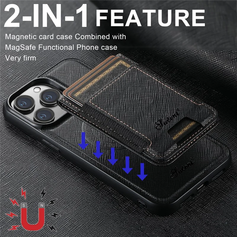 SUTENI H17 For iPhone 12 Pro Max Magnetic Case Cross Texture Leather Phone Back Cover with Detachable Card Bag - Black