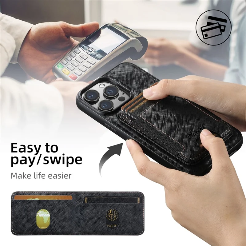 SUTENI H17 For iPhone 12 Pro Max Magnetic Case Cross Texture Leather Phone Back Cover with Detachable Card Bag - Black
