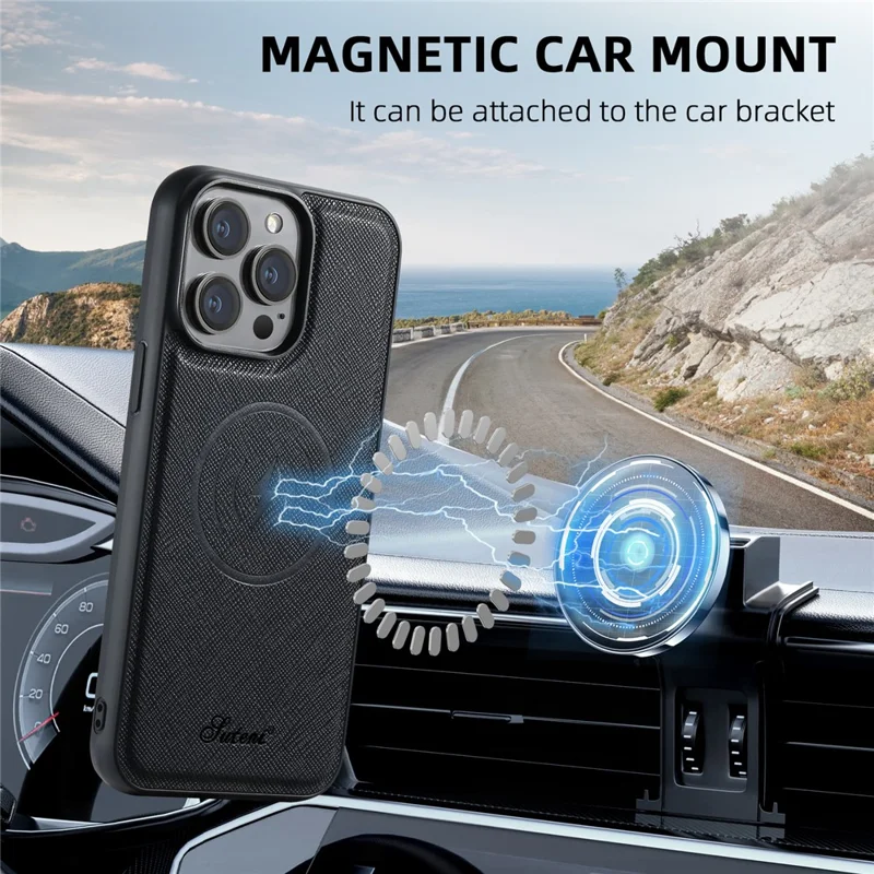 SUTENI H17 For iPhone 12 Pro Max Magnetic Case Cross Texture Leather Phone Back Cover with Detachable Card Bag - Black