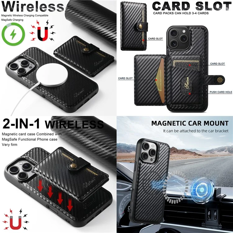 SUTENI H20 For iPhone 14 Pro Max Magnetic Case Carbon Fiber Texture Phone Back Cover with Detachable Card Holder