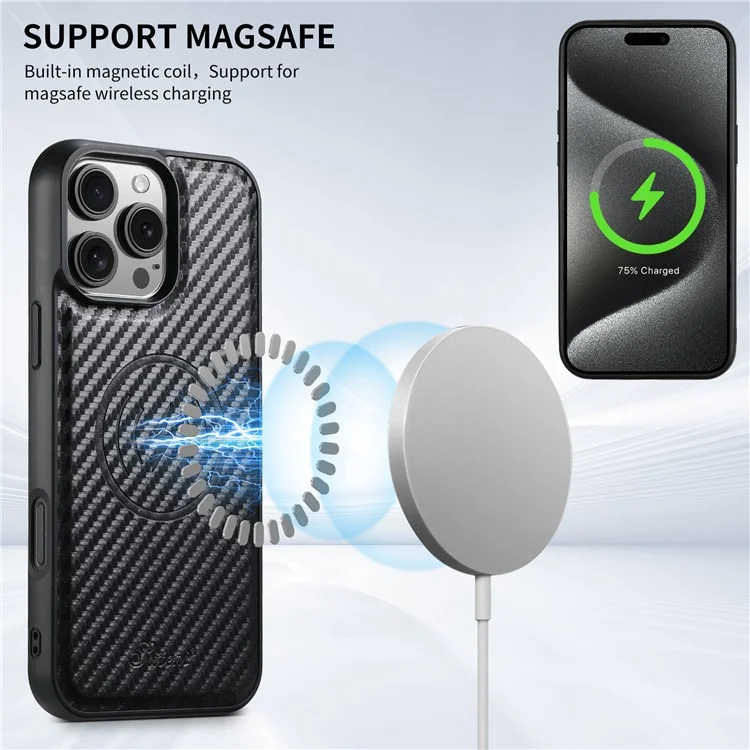 SUTENI H20 For iPhone 14 Pro Max Magnetic Case Carbon Fiber Texture Phone Back Cover with Detachable Card Holder