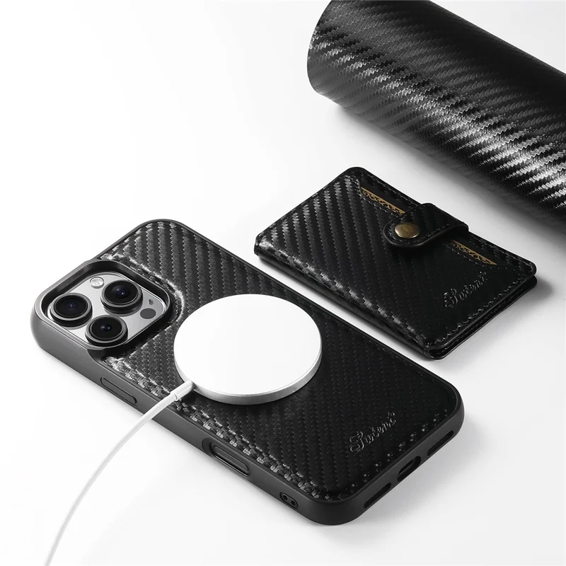 SUTENI H20 For iPhone 15 Pro Max Magnetic Case Carbon Fiber Texture Phone Back Cover with Detachable Card Holder
