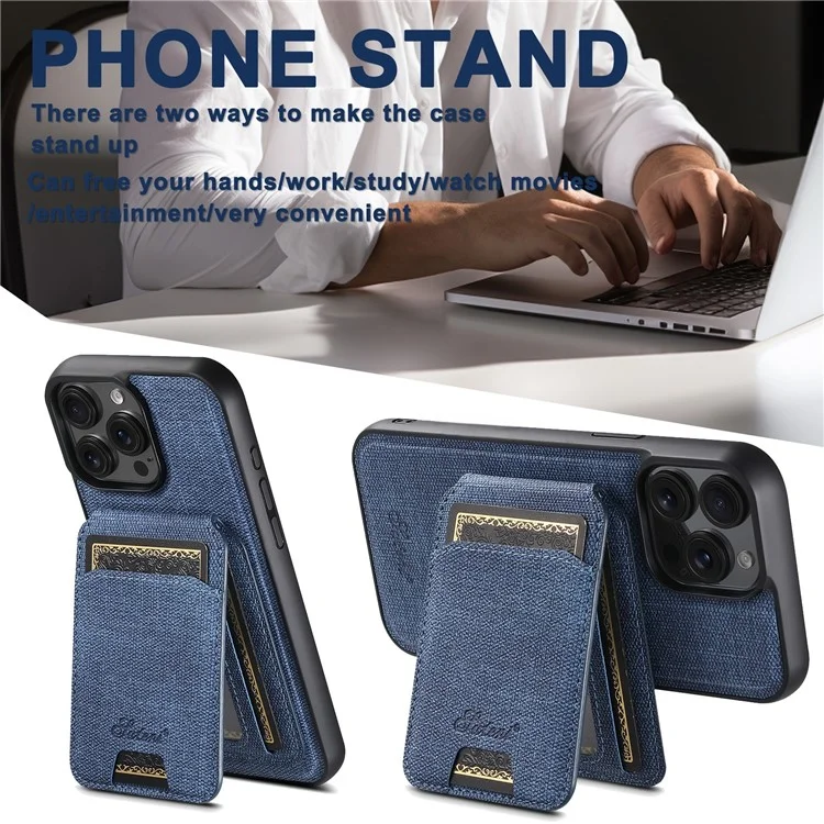 SUTENI H18 For iPhone 13 Pro Magnetic Case Jeans Cloth Texture Leather Back Cover with Card Bag - Blue