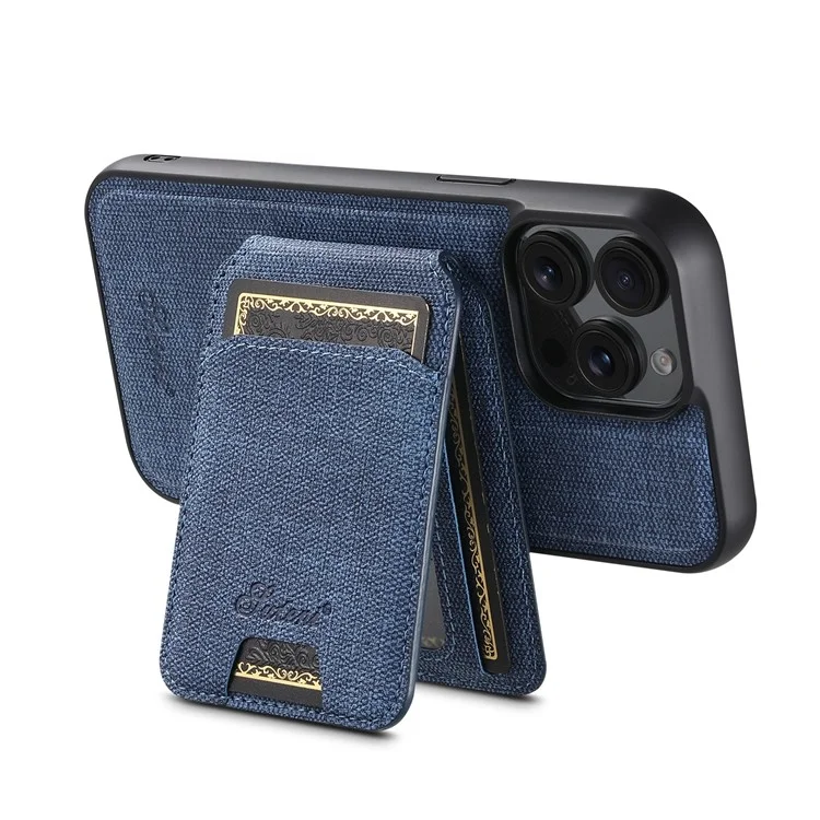 SUTENI H18 For iPhone 13 Pro Magnetic Case Jeans Cloth Texture Leather Back Cover with Card Bag - Blue
