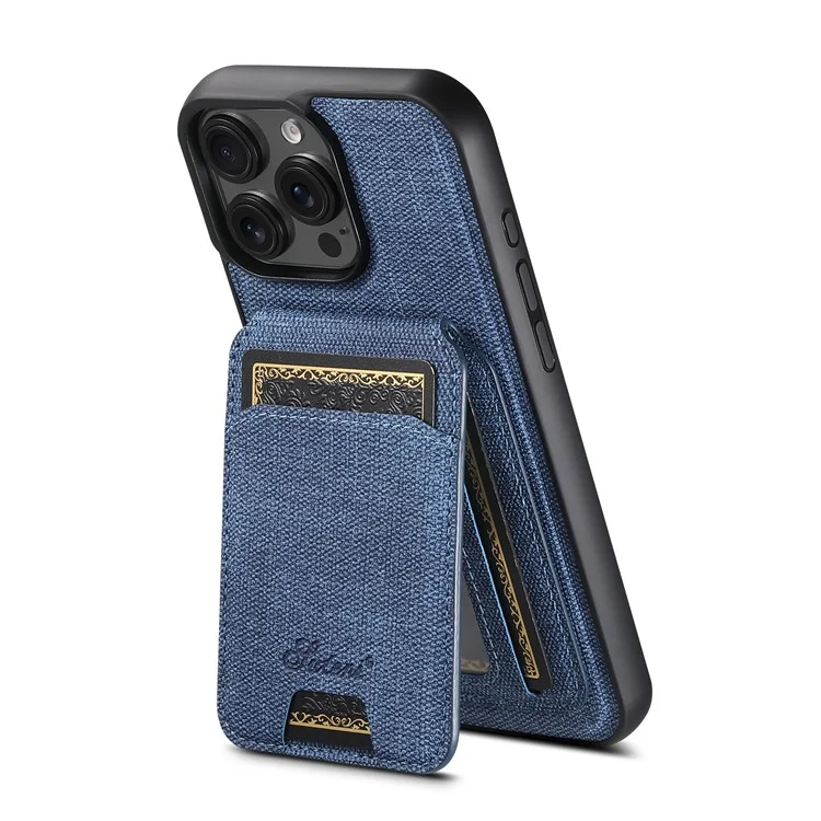 SUTENI H18 For iPhone 13 Pro Magnetic Case Jeans Cloth Texture Leather Back Cover with Card Bag - Blue