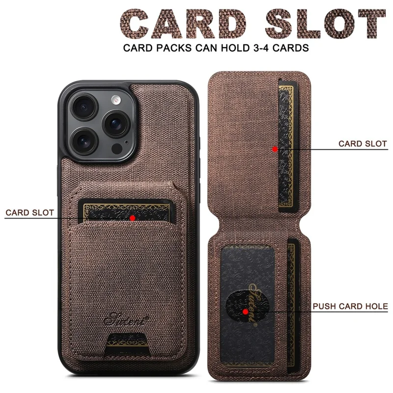 SUTENI H18 For iPhone 13 Pro Max Magnetic Case Jeans Cloth Texture Leather Back Cover with Card Bag - Brown