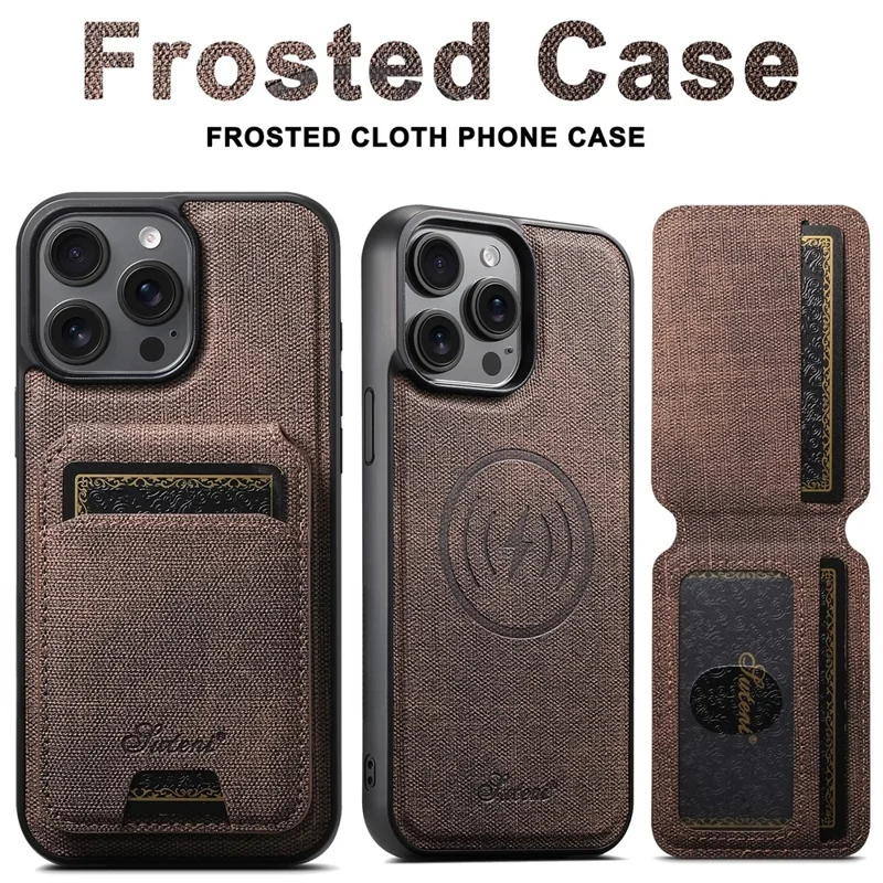 SUTENI H18 For iPhone 13 Pro Max Magnetic Case Jeans Cloth Texture Leather Back Cover with Card Bag - Brown
