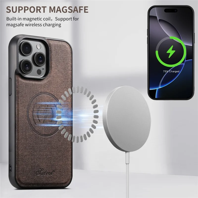 SUTENI H18 For iPhone 13 Pro Max Magnetic Case Jeans Cloth Texture Leather Back Cover with Card Bag - Brown