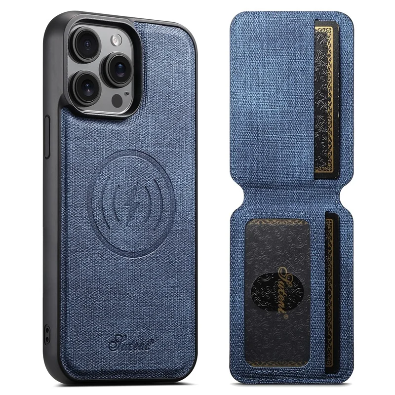 SUTENI H18 For iPhone 14 Pro Max Magnetic Case Jeans Cloth Texture Leather Back Cover with Card Bag - Blue