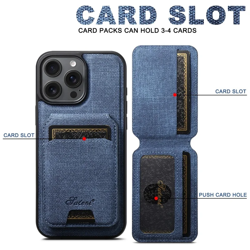 SUTENI H18 For iPhone 14 Pro Max Magnetic Case Jeans Cloth Texture Leather Back Cover with Card Bag - Blue