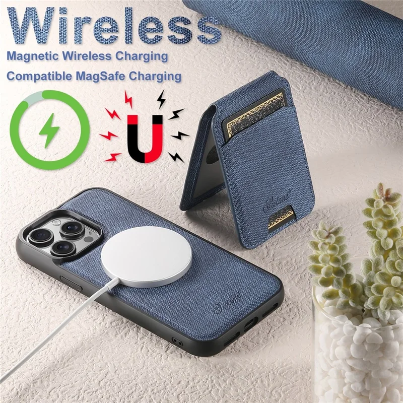 SUTENI H18 For iPhone 14 Pro Max Magnetic Case Jeans Cloth Texture Leather Back Cover with Card Bag - Blue