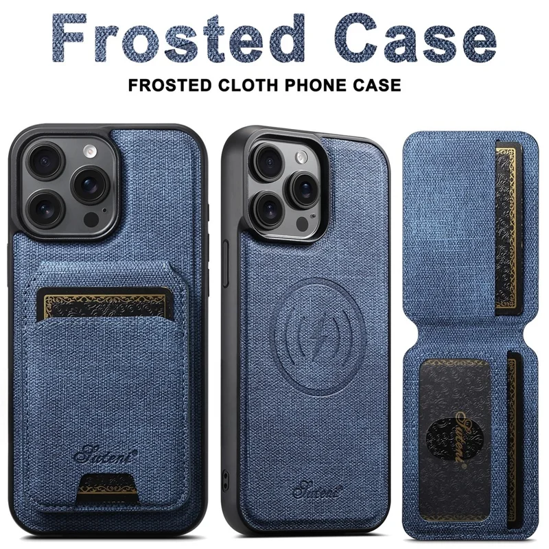SUTENI H18 For iPhone 14 Pro Max Magnetic Case Jeans Cloth Texture Leather Back Cover with Card Bag - Blue