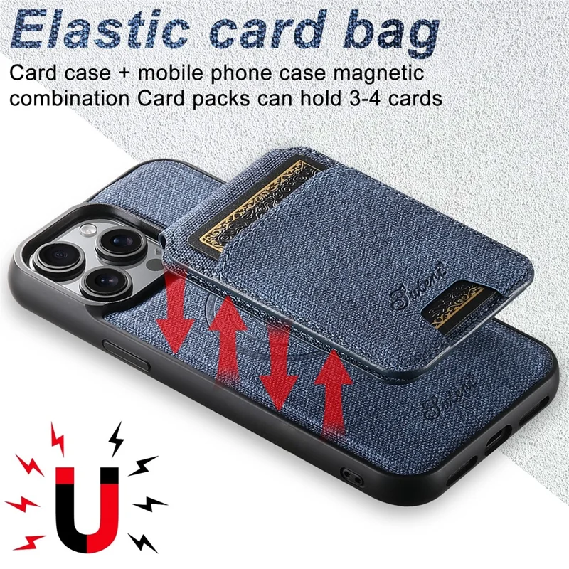 SUTENI H18 For iPhone 14 Pro Max Magnetic Case Jeans Cloth Texture Leather Back Cover with Card Bag - Blue