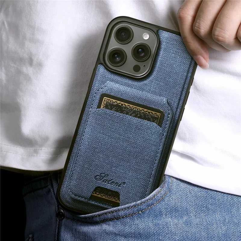 SUTENI H18 For iPhone 14 Pro Max Magnetic Case Jeans Cloth Texture Leather Back Cover with Card Bag - Blue