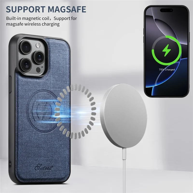 SUTENI H18 For iPhone 14 Pro Max Magnetic Case Jeans Cloth Texture Leather Back Cover with Card Bag - Blue