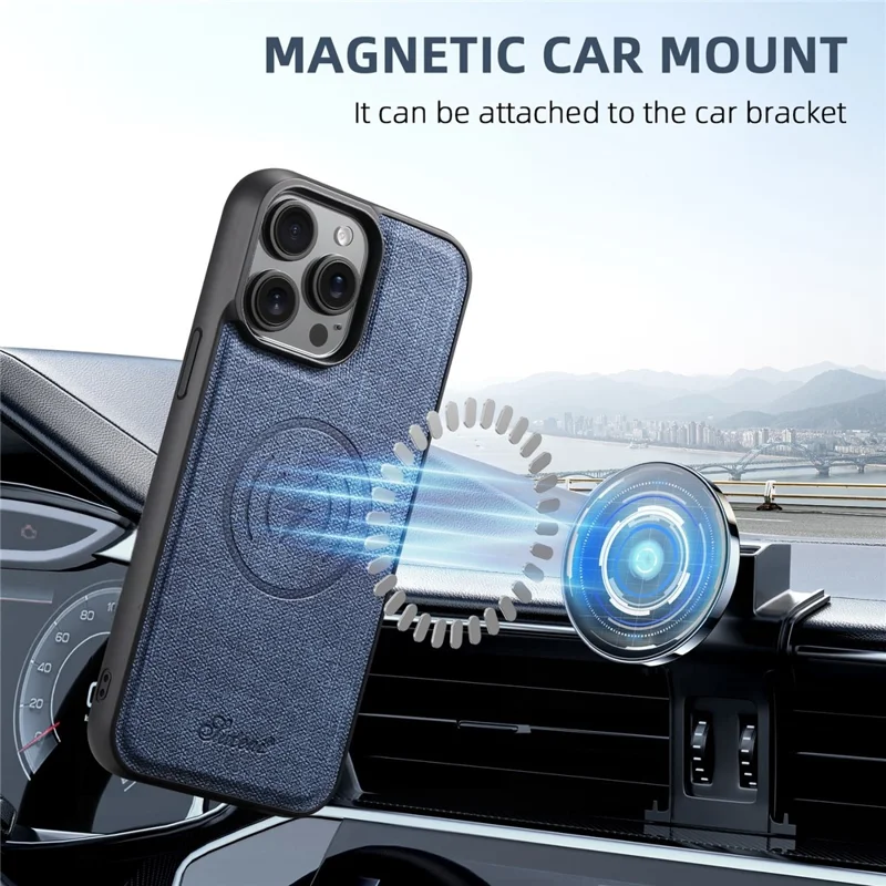 SUTENI H18 For iPhone 14 Pro Max Magnetic Case Jeans Cloth Texture Leather Back Cover with Card Bag - Blue
