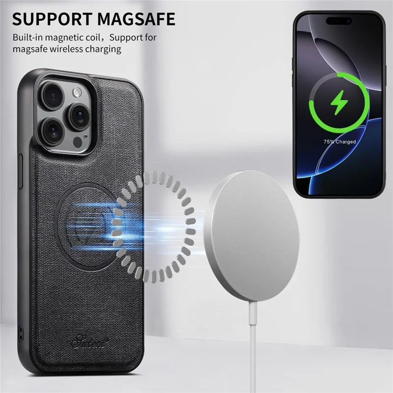 SUTENI H18 Étui magnétique en jean pour iPhone 15 Pro avec pochette pour cartes - Noir