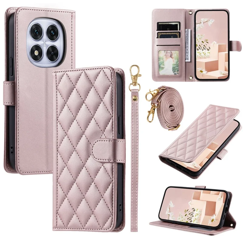 For Xiaomi Redmi Note 14 Pro 4G Case Wallet Rhombus Grid PU Leather Phone Cover with Shoulder Strap / Wrist Strap - Rose Gold